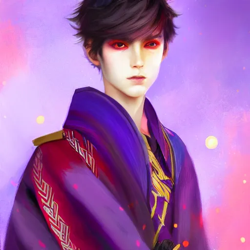 Prompt: colorful and Festive Captivating teenager boy with straight indigo japanese hair, purple eyes, red eye markers, wearing a japanese kimono with golden armor pieces. rich vivid colors, ambient lighting, dynamic lighting, 4k, atmospheric lighting, painted, intricate, highly detailed by Charlie Bowater