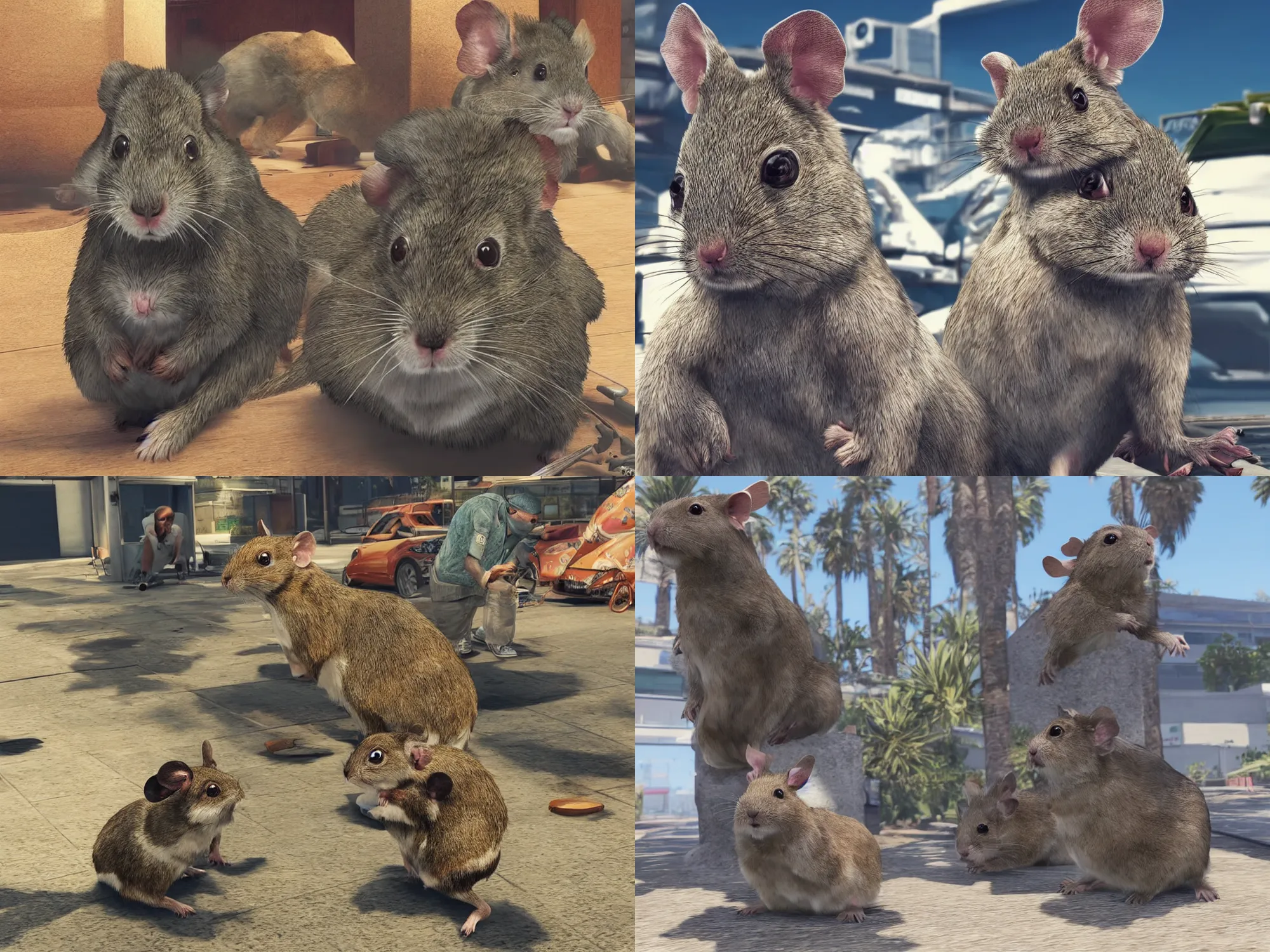 Prompt: “photorealistic 4k degus as gta5 main characters”