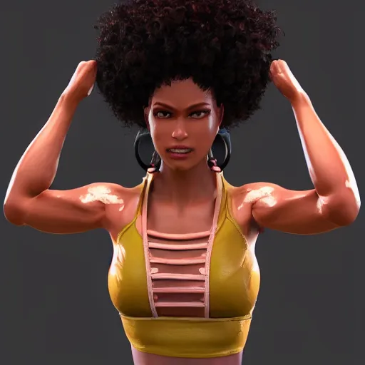 Image similar to 3 d render of a full female body, a mulatto woman with an afro, cruel hazel eyes, very fit body, wearing fitness gear, dead or alive 6, tekken 7, rumble roses, muscular legs, highly detailed, artstation, super realistic, unreal engine