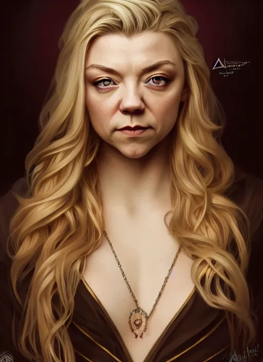 Prompt: portrait of natalie dormer with blonde hair as a vampire lord, jewelry, greek, ruby, intricate, headshot, highly detailed, digital painting, artstation, concept art, sharp focus, cinematic lighting, illustration, art by artgerm and greg rutkowski, alphonse mucha, cgsociety