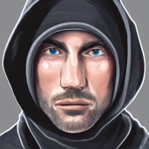 Prompt: a highly detailed headshot portrait of a man wearing a balaclava with a hoodie, concept art
