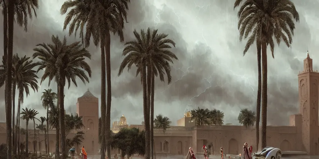 Image similar to thunderstorm in marrakech, palm trees, moroccan mosque, wlop, james jean, tom bagshaw, rococo, trending on artstation, fantasy, intricate, elegant, highly detailed, digital painting, concept art, smooth, illustration, cinematic lighting, hyper realism, octane render, 8 k, hyper detailed.