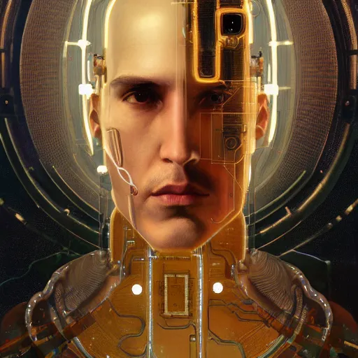 Prompt: portrait of a middle aged male android, coy, circuitry visible in head, in the style of ex machina, karol bak, alphonse mucha, greg rutkowski, award winning, hr giger, artstation
