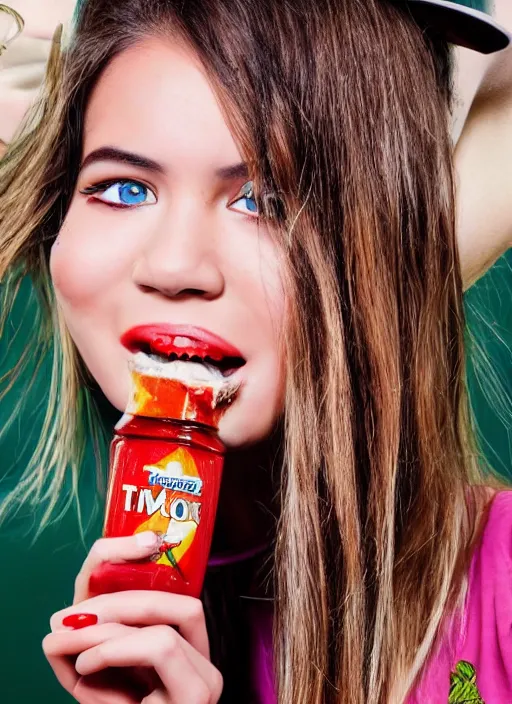 Prompt: A TikTok model is pouring hot sauce into her mouth as a challenge