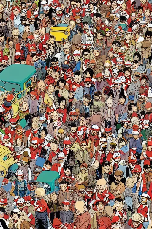 Prompt: full page illustration where\'s waldo?, by Katsuhiro Otomo, Geof Darrow, color, 8k, hd, high resolution print