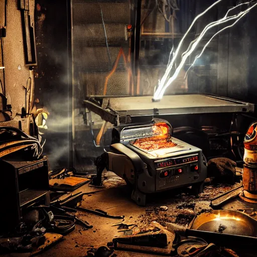 Image similar to cyborg toaster oven repairman, dark messy smoke - filled cluttered workshop, dark, dramatic lighting, orange tint, sparks, plasma rays, cinematic, highly detailed, sci - fi, futuristic, movie still, rule of thirds composition