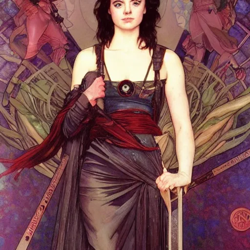 Prompt: a combination of Maisie Williams, Krysten Ritter, Anne Hathaway and Natalia Dwyer Christina Ricci and Lily Collins by Alphonse Mucha, Magali Villeneuve and Livia Prima, trending on artstation, long hair, dark eyes