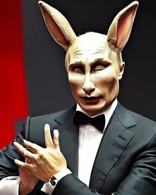 Image similar to vladimir putin in elaborate makeup as a humanoid rabbit person, highly detailed, makeup in the style of rick baker