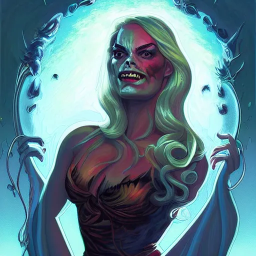 Prompt: “A portrait of a demonic Margot Robbie, digital art by Dan Mumford and Peter Mohrbacher, highly detailed, trending on DeviantArtHQ”