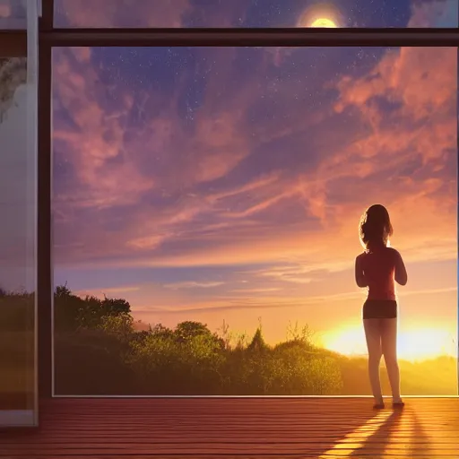 Prompt: a girl on the deck of her house looking into the wide field on the countryside during sunrise, photorealistic, cozy