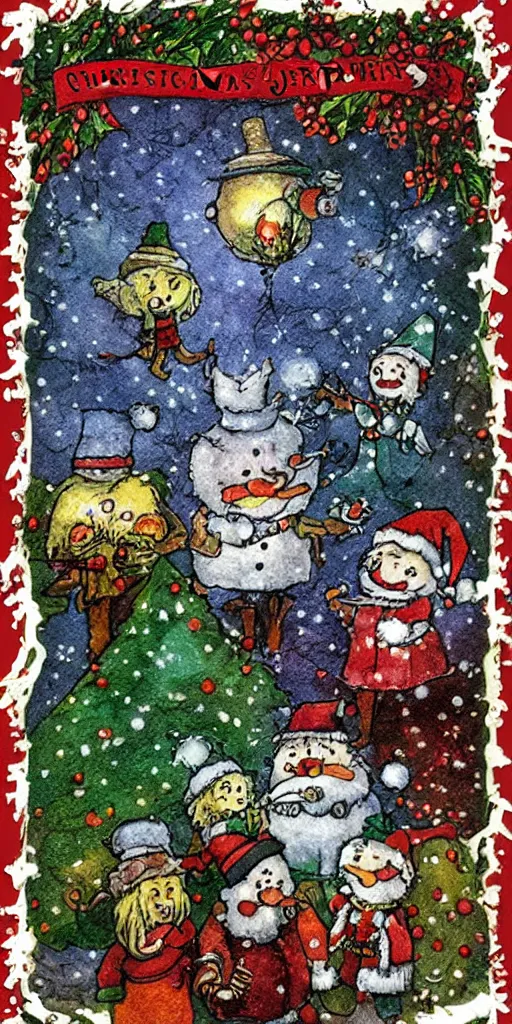 Prompt: an christmas greeting card scene by alexander jansson, joel fletcher, owen klatte, angie glocka, justin kohn, maurice sendak. christmas color palette.