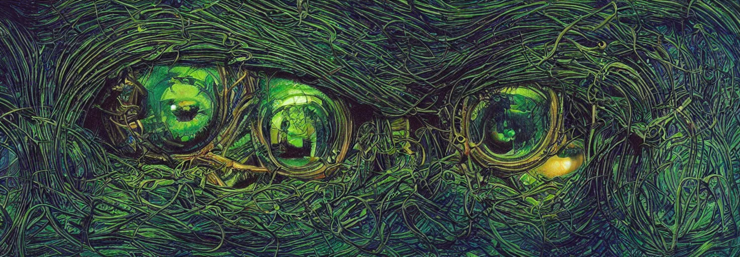 Image similar to many large beautiful eyeballs inside of extremely thick iridescent vines intertwined, central composition, high saturation, epic lighting, in the style of Peter gric and Amanda Sage 8k