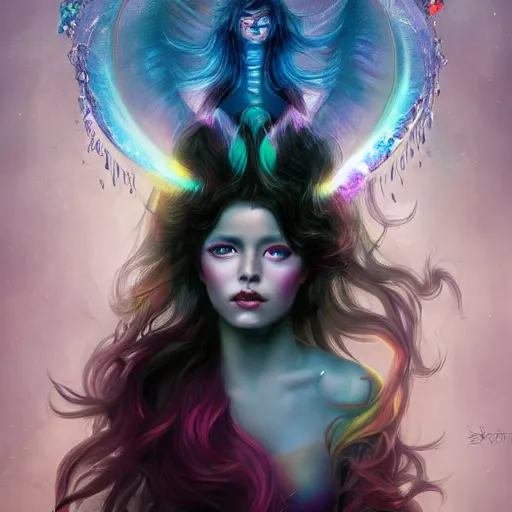 Prompt: demon goddess with rainbow windswept hair portrait surrounded by crystals, hyper - detailed, cgsociety, 8 k, high resolution, in the style of charlie bowater, tom bagshaw, norman rockwell, gerald brom, adam hugh