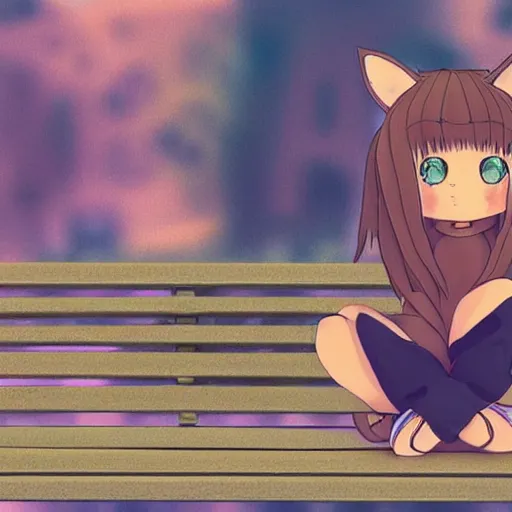 Image similar to 3 d photo of bill cosby with cat ears and long hair looking to her side, sitting on a bench with a park behind her, bokeh, shader, anime art style, highly detailed, cel - shaded, colorful, animated, trending