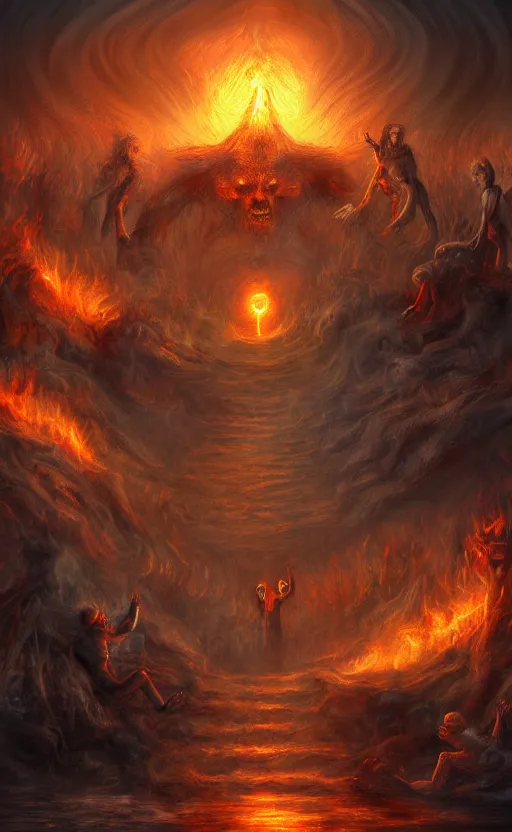 Image similar to Meeting God in Hell, digital art, trending on art station