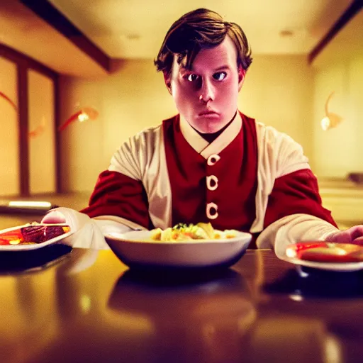 Prompt: wide - angle photo of augustus gloop eating body sushi, high focus, dramatic lighting, high detail, photo by david lachappelle 8 k