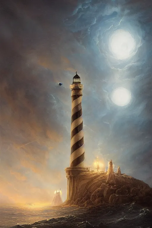 Prompt: Detailed Exterior Shot of Torrid Stormy Lighthouse of Alexandria, light of glow, moonlight shafts, flock of birds, epic atmosphere, in Style of Peter Mohrbacher, cinematic lighting