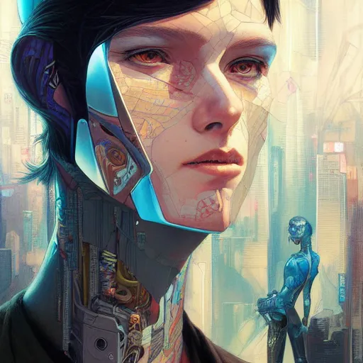 Prompt: apocaliptic cyberpunk portrait by gaston bussierre and charles vess and james jean and erik jones and rhads, inspired by ghost in the shell, beautiful fine face features, intricate high details, sharp, ultradetailed