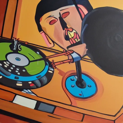 Image similar to painting of the devil as a dj with hand on record spinning