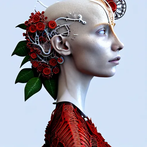 Prompt: complex 3d render ultra detailed of a beautiful stunning porcelain profile red headed woman face, biomechanical cyborg, analog, 150 mm lens, beautiful natural soft rim light, big leaves and stems, roots, fine foliage lace, silver white red details, massai warrior, Alexander Mcqueen high fashion haute couture, pearl earring, art nouveau fashion embroidered, steampunk, intricate details, mesh wire, mandelbrot fractal, anatomical, facial muscles, cable wires, microchip, elegant, hyper realistic, ultra detailed, octane render, H.R. Giger style, volumetric lighting, 8k post-production