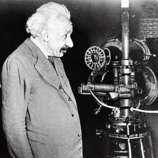 Image similar to Albert Einstein inspecting the first atomic bomb prior to detonation. 1940's photograph