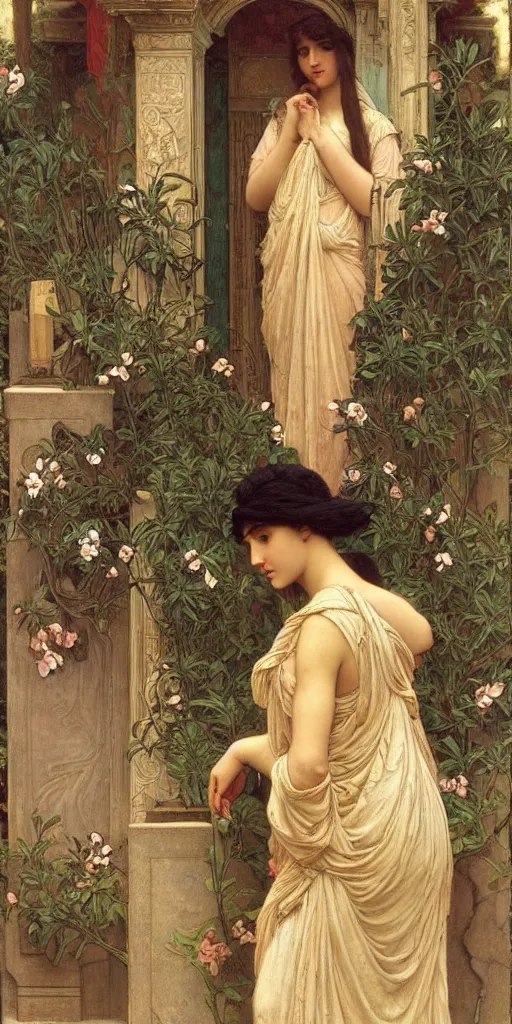 Prompt: at the gate of the temple by john william godward painted by alphonse mucha