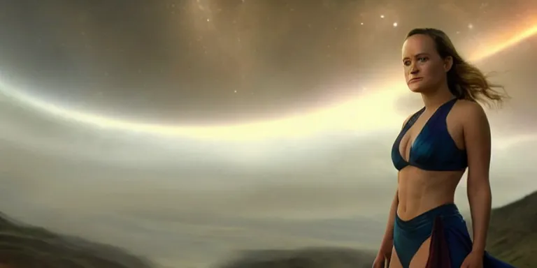 Prompt: film still of very curvy brie larson, focus on facial - detail!!!!!!, walking on a bridge, similar to the bifrost, toward an endless abyss in space, wearing a flowy bikini inspired by ancient roman clothing, beautiful astronomical background with galaxies and nebulas, lack of sunlight, 8 k resolution, cinematic lighting, anatomically correct, by christopher nolan