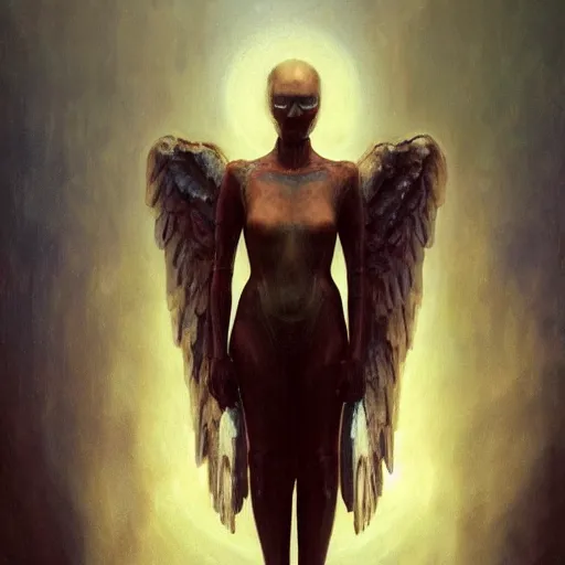 Image similar to UHD candid photo of a robot with angel wings, UHD, photorealistic, real angel wings, correct robot face, photo by Annie Leibowitz, UHD tonalism cosmic painting by Caparo and Ferdinand Knab and Greg Rutkowski, UHD, photorealistic, trending on artstation, trending on deviantart