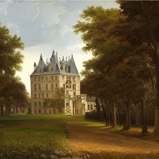 Image similar to a large serene beautiful matte painting of a delapitaded quaint french country castle in a state of disrepair, covered in vines, by asher brown durand and george ault featured on artstation