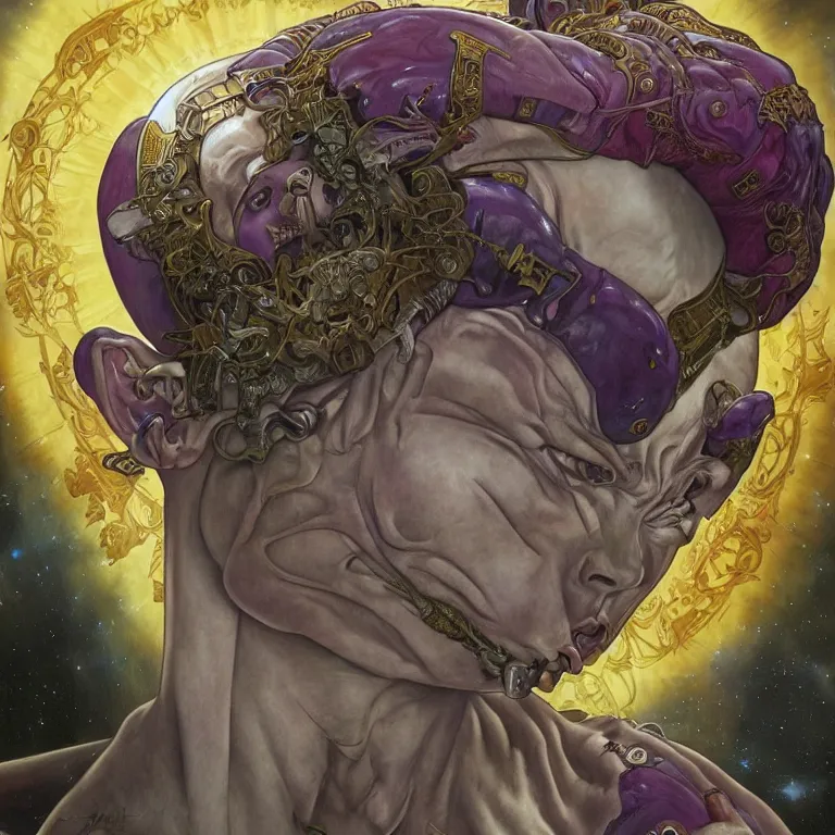 Prompt: portrait of Frieza by Jeff Easley and Peter Elson + beautiful eyes, beautiful face + symmetry face + border and embellishments inspiried by alphonse mucha, fractals in the background, galaxy + baroque, gothic, surreal + highly detailed, intricate complexity, epic composition, magical atmosphere + masterpiece, award winning + trending on artstation