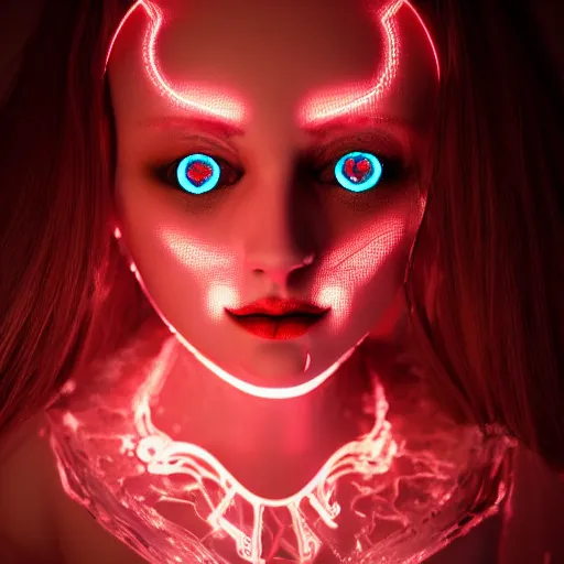 Image similar to Gorgeous feminine porcelain doll with cracking skin and machine parts, glowing red eyes, full body portrait, wires, cyborg, beautiful shattered porcelain skin, gothic, steampunk, glowing red eyes, magic runes, feminine anatomy, witchcraft, hex, shadows, cinematic lighting, octane render, 8k high detail