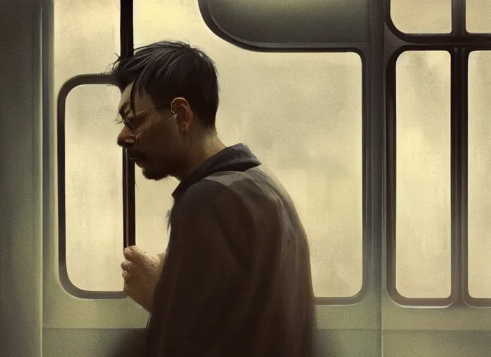 Image similar to man looks out of a train window, dim lighting, lonely, digital art, by wlop, by yoshitaka amano, highly detailed, expressive painting, moody, octane render