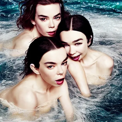 Image similar to stunning vogue magazine photo of dark - haired goddesses vanessa kirby, hailee steinfeld, and bjork smiling, legs intertwined, in a bubble bath, with wet faces!!, wet lips, smooth skin, perfect eyes, insanely detailed, elegant, by wlop, rutkowski, livia prima, mucha, wlop,