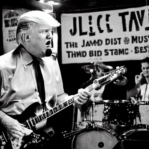 Prompt: Donald Trump as a blues musician playing electric guitar at a jam in a dive bar, passionate facial expression, feeling the music