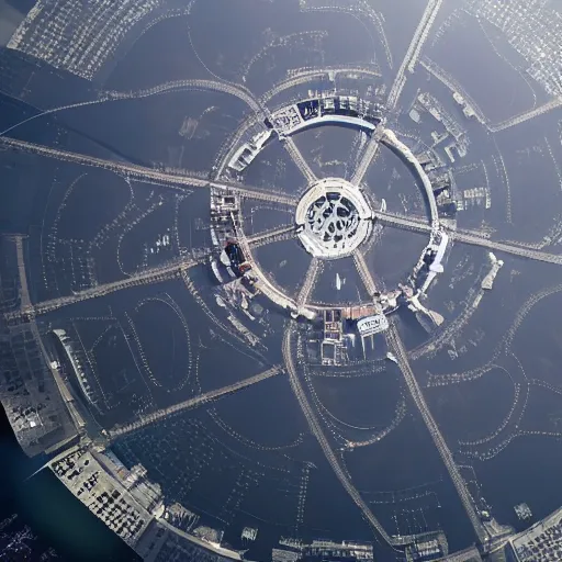 Image similar to a giant ring-shaped space station encircling a modern city floating above the city, the ring is horizontal, surrounding the city, cinematic