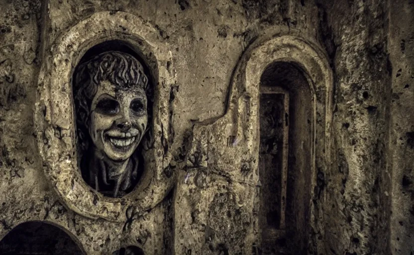 Image similar to several decrepit creepy statues of the archangel gabriel smiling, placed throughout a dark claustrophobic old sewer, realistic, underexposed photography, security camera footage, wide shot, sinister, foreboding, grainy photo