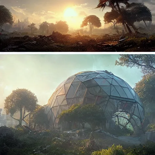 Image similar to highly detailed digital matte painting of a beautiful abandoned, overgrown, damaged crashed croissant, by Raphael LaCoste and Ruan Jia and Robert McCall, postcyberpunk, geodesic dome, hyperdetailed, sunrise, wide shot, autochrome, octane render @MarioManiacDude