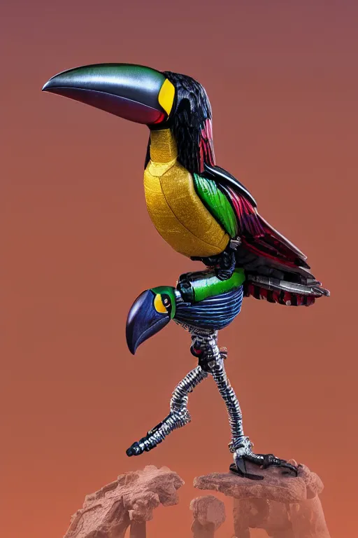 Image similar to a macro photo of a cyborg toucan miniature figurine, dynamic pose, chrome parts, intricate details, intricately detailed textures, warm lighting, vivid colors, realistic octane render, hyper realistic render, volumetric shading, depth of field, raytracing, 8 k,