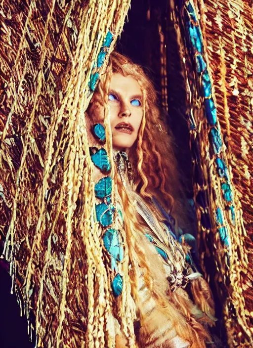 Prompt: vertical photo of polish female inside of primitive tent, blonde, curly hair, symmetrical beautiful face, cyberpunk decorations and jewelry, native costume, standing in the primitive tent, fashion editorial photography, hyperrealistic, from vogue magazine, reflections, refraction, gold, teal, orange