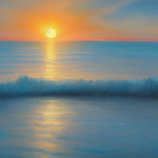 Image similar to sea, wavy, sun at dawn reflecting on the sea cloudy oil painting 4 k