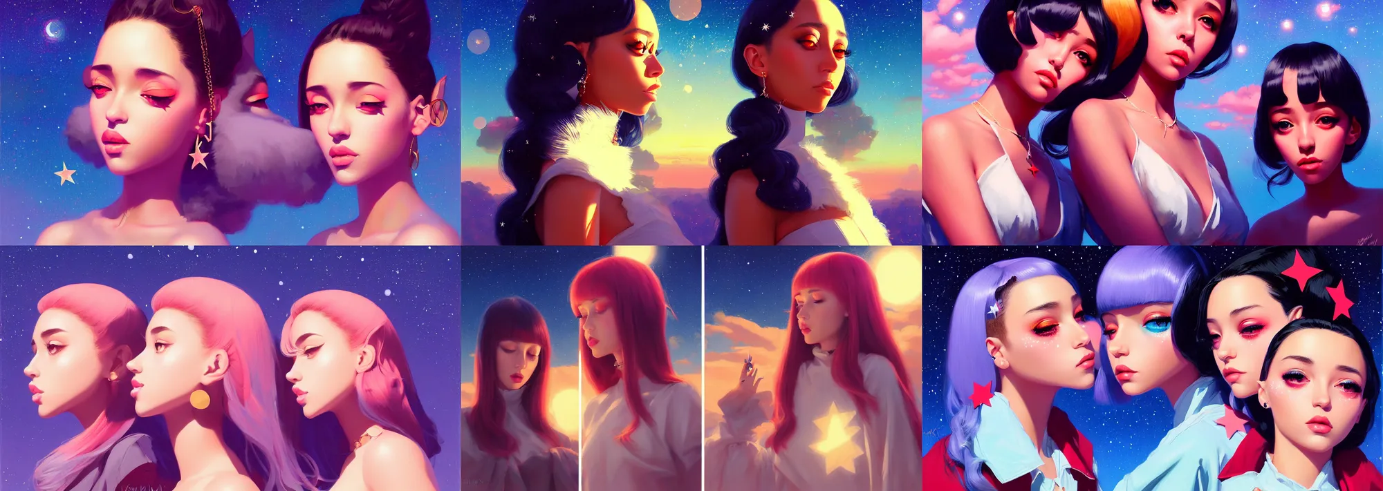 Prompt: mutliple twin fashionable doja cat in the sky, night setting with stars. realistic shaded lighting poster by ilya kuvshinov katsuhiro, magali villeneuve, artgerm, jeremy lipkin and michael garmash, rob rey and kentaro miura style, trending on art station