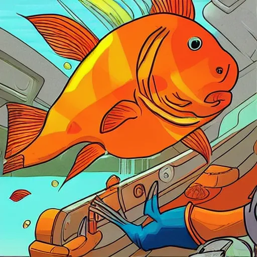 Image similar to “ a goldfish man superhero fighting an oil baron on a yacht. ”