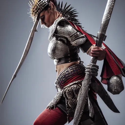 Prompt: female warrior with spiky armour holding a mace, highly detailed, dramatic lighting, cinematic, 4k