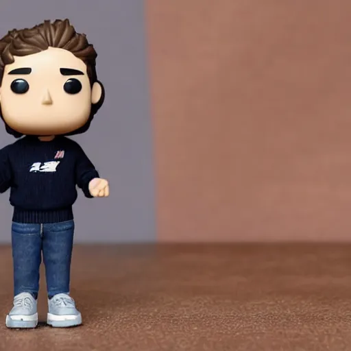 Image similar to a 21 year old skinny white guy with no beard and short black hair in a navy blue sweater , jeans and grey new balance shoes funko pop close up highly detailed photo