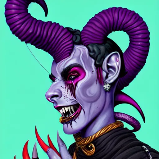 Prompt: portrait painting of a punk tiefling bard with ram horns and purple skin, sharp focus, award - winning, trending on artstation, masterpiece, highly detailed, intricate. art by josan gonzales and moebius and deathburger