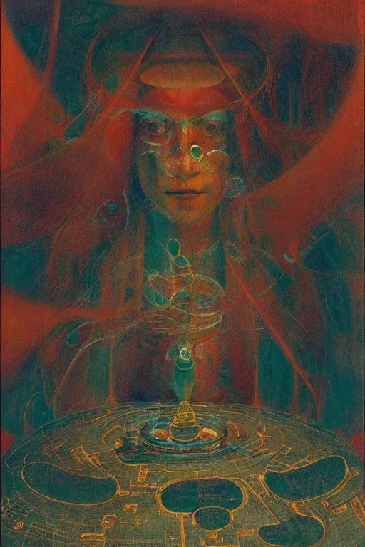 Image similar to realistic portrait of an engineer woman programming the samsara holy cluster, fine portrait, concept art, stunning, visionary, hyper realistic, detailed, by brecht evens, by jean delville, by francis bacon