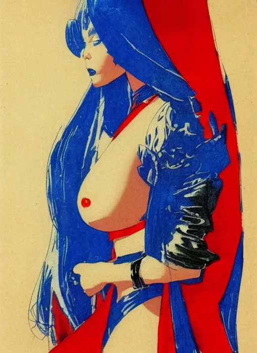 Prompt: portrait of heavyset mighty korean vampiress, jeweled veil, blue and red, strong line, saturated color, beautiful! coherent! by frank frazetta, high contrast, minimalism