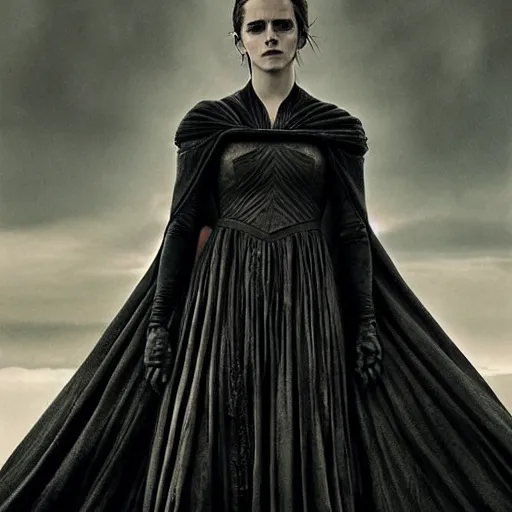 Prompt: Emma Watson as a bene-gesserit, ominous, brooding, dark, detailed, portrait by Annie leibovitz