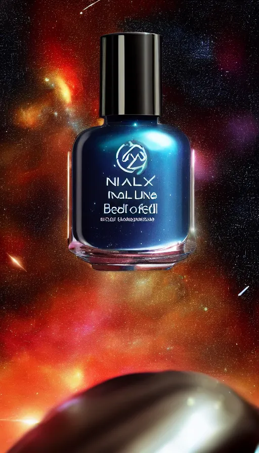 Image similar to a beautiful bottle of nail polish filled with a galaxy, insane, intricate, highly detailed, Zeiss Lens, smooth, sharp focus, Unreal Engine 5, Octane Render, Redshift, 8K