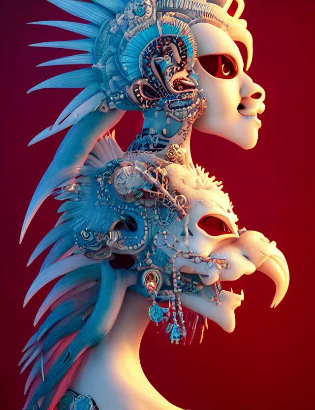 Image similar to 3 d goddess close - up profile simple portrait punk with mohawk with ram skull. beautiful intricately detailed japanese crow kitsune mask and clasical japanese kimono. betta fish, jellyfish phoenix, bio luminescent, plasma, ice, water, wind, creature, artwork by tooth wu and wlop and beeple and greg rutkowski